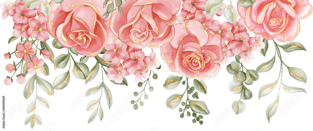 Rose pink gold flower  border in watercolor illustration