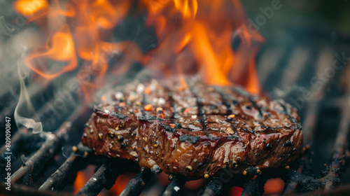 A piece of meat is being cooked on a grill
