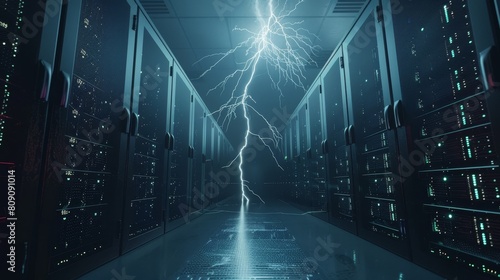 A high-tech quantum supercomputer harnesses the raw power of electricity, represented by a thunderous storm. This advanced technology utilizes lightning-fast data processing capabilities, showcasing photo