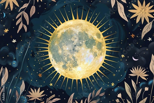 The Moon tarot card art flat design top view folklore theme animation Tetradic color scheme