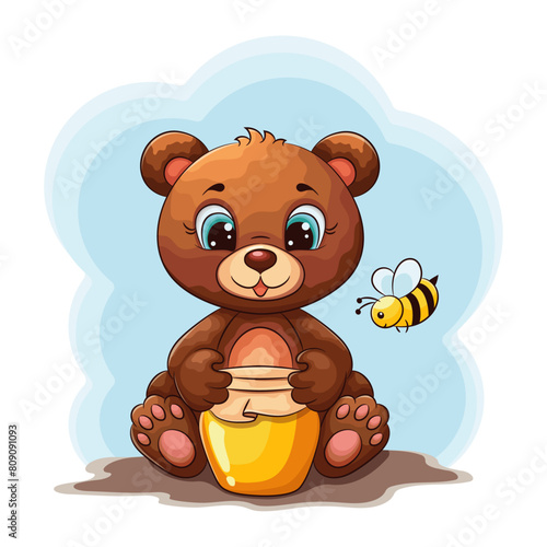 Cute bear with a jar of honey. Little bee. Colored vector illustration for children.
