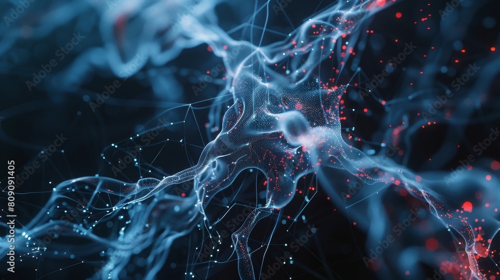 A fascinating depiction of a neural network, with a transparent structure that allows viewers to see through the intricate connections. Bioluminescent details in white, blue, and red enhance the
