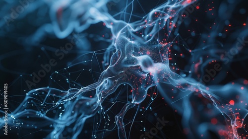 A fascinating depiction of a neural network, with a transparent structure that allows viewers to see through the intricate connections. Bioluminescent details in white, blue, and red enhance the photo