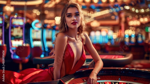 Beautiful young white woman in red dress sitting and posing on a casino table in a casino, beautiful colors, generative ai