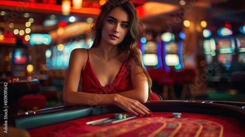 Beautiful young white woman in red dress sitting and posing on a casino table in a casino, beautiful colors, generative ai