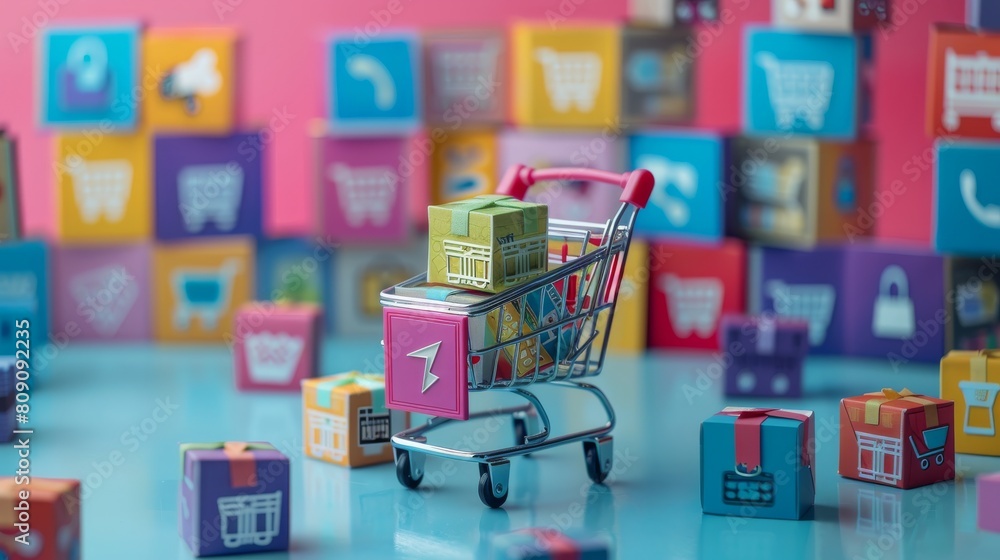 3D illustration Flips cube with icon graph and shopping cart
