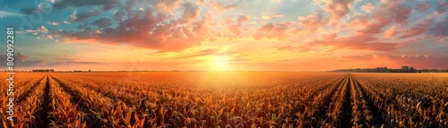 Vibrant Sunset Over Bioenergy Cornfield Showcasing Renewable Energy Concept and Eco Friendly Farming photo