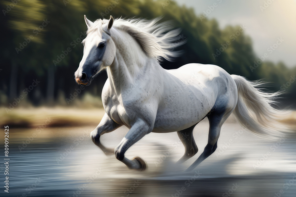 Beautiful white horse galloping in the water in Motion Blur. Beautiful white horse galloping in the water in Motion Blur.