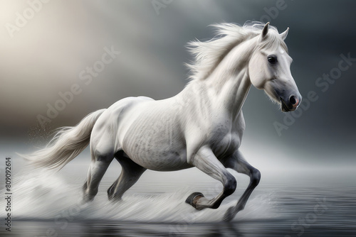 Beautiful white horse galloping in the water in Motion Blur.