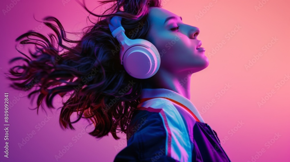Young Woman Enjoying Neon Music