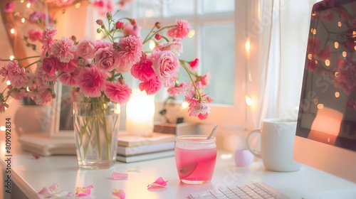 A warm and inviting home office space with vibrant pink flowers, a refreshing drink, and ambient lighting