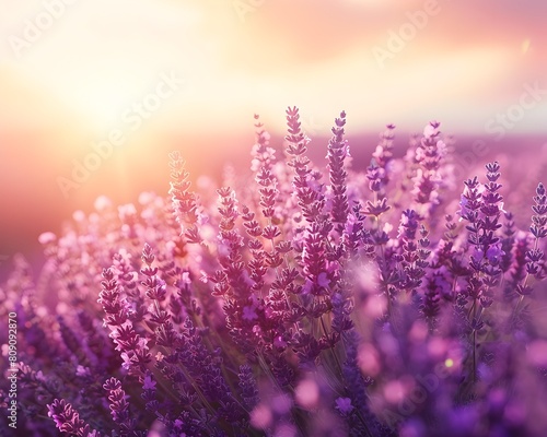 Enchanting Lavender Fields Aglow with Warm Sunrise Hues