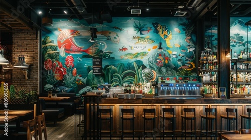 A bar interior with a vibrant mural adorning the wall, adding a pop of color and character to the space.