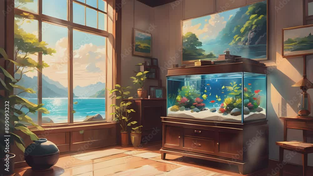 Vidéo Stock interior of the room with an aquarium and beautiful natural ...