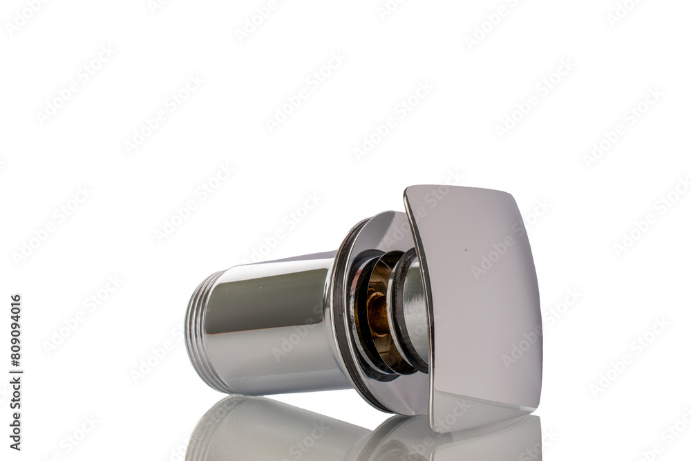 Bottom metal shower valve, macro, isolated on white background. Bottom metal shower valve, macro, isolated on white background.