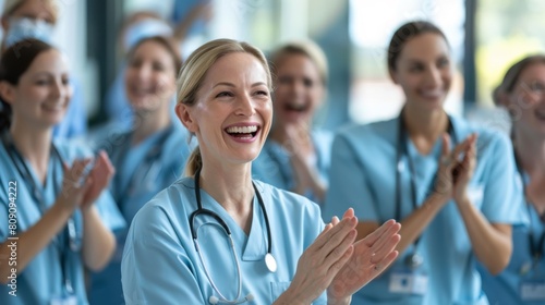 Smiling Nurse with Applauding Colleagues