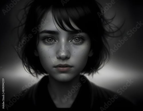 black and white portrait of a girl with short black hair and a light behind here