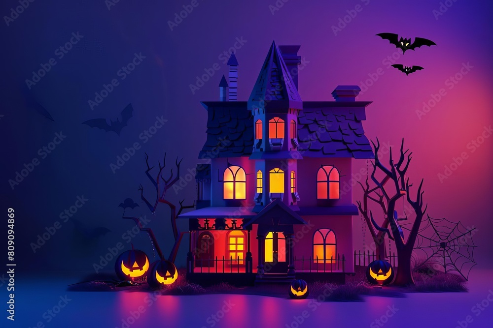 Halloween decorations flat design side view haunted house theme 3D render Analogous Color Scheme