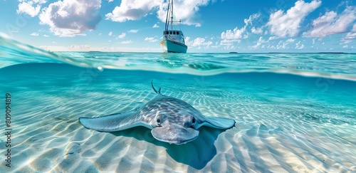 A captivating underwater perspective showing a gliding stingray with a sailing boat's silhouette against the water's surface photo