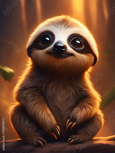 Little cute sloth on a tree in backlight photo