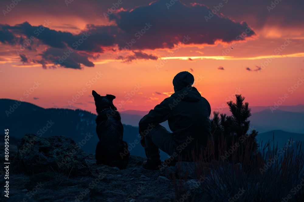 A man and his dog sitting at the top of a mountain, watching the sunset Generative AI
