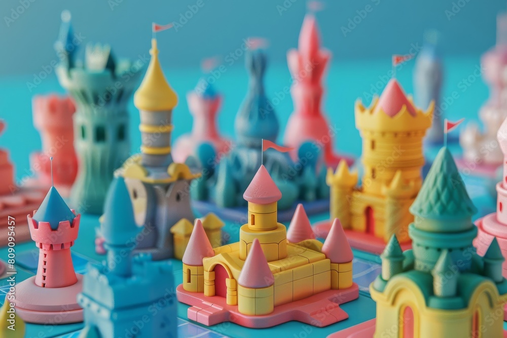 Boardgame pieces flat design side view fantasy theme 3D render Analogous Color Scheme Boardgame pieces flat design side view fantasy theme 3D render Analogous Color Scheme