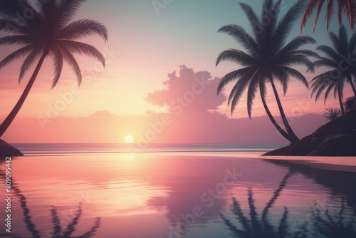 Sunset over the palm trees on an exotic beach, with a colorful sky and reflections in the water.