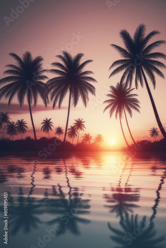 Sunset over the palm trees on an exotic beach, with a colorful sky and reflections in the water. © elena_hramowa