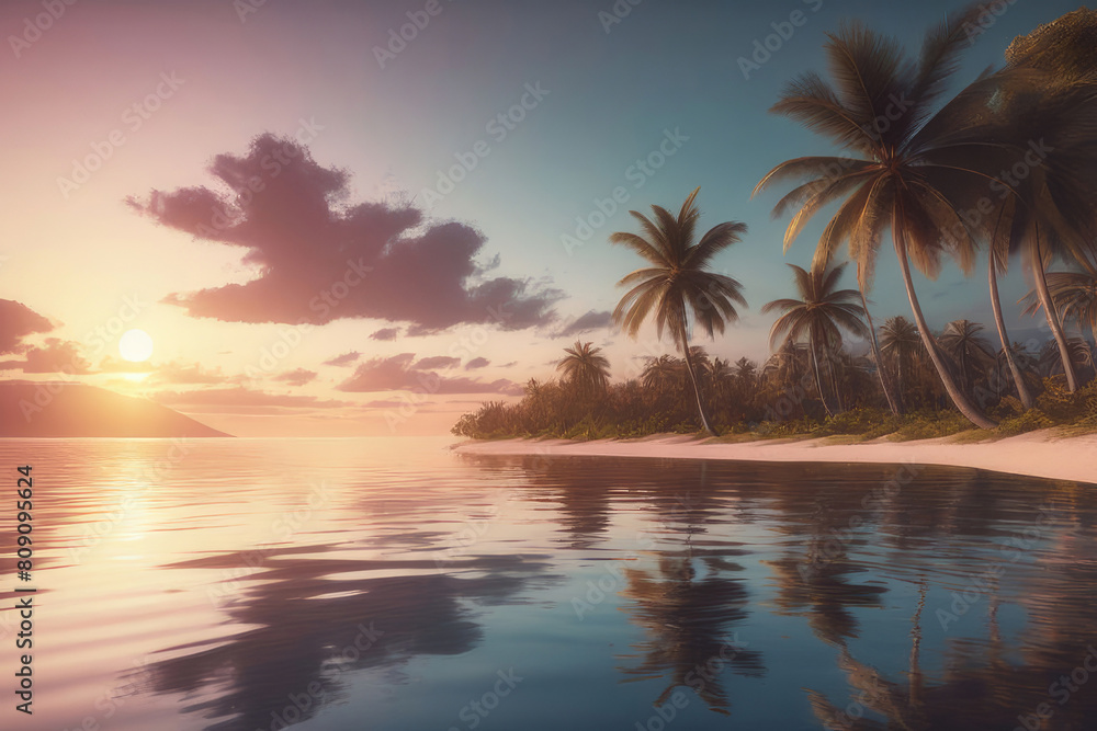 Sunset over the palm trees on an exotic beach, with a colorful sky and reflections in the water. Sunset over the palm trees on an exotic beach, with a colorful sky and reflections in the water.