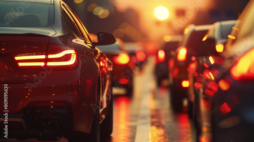A long line of cars in traffic  driving towards the sunset  with the focus on one car s tail lights and its headlights shining brightly.