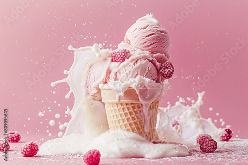 tall, waffle cone ice cream cone overflowing with raspberry ice cream