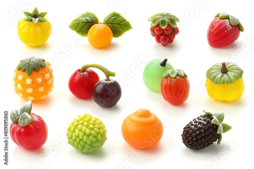 A set of marzipan fruits  realistically shaped and colored  isolated on white