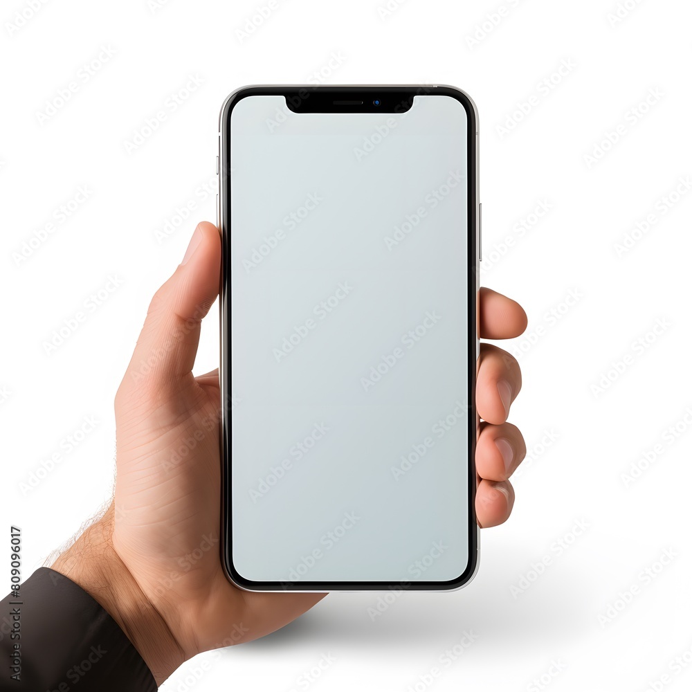 Hand holding a smartphone. Transparent mobile screen mockup. Generative AI. Hand holding a smartphone. Transparent mobile screen mockup. Generative AI.