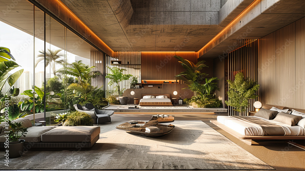 Modern Living Room with Elegant Furniture and Tropical Views, Stylish and Comfortable Interior Modern Living Room with Elegant Furniture and Tropical Views, Stylish and Comfortable Interior