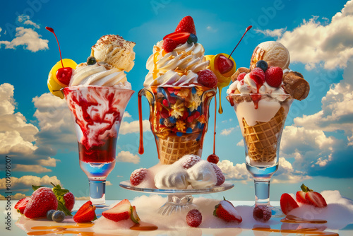 Three tempting ice cream sundaes sit on a light-colored wooden table