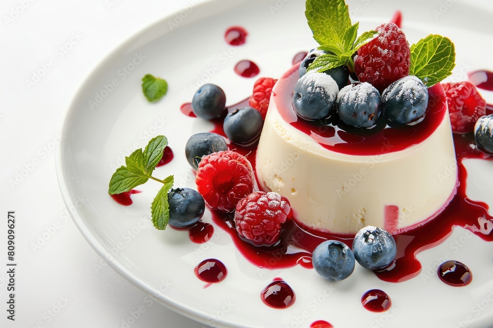 A gourmet panna cotta with berry compote, isolated on a white background A gourmet panna cotta with berry compote, isolated on a white background
