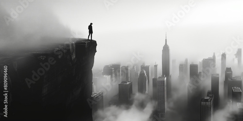 A black and white high contrast image of a person standing on a cliff overlooking a cityscape emerging from a layer of mist
