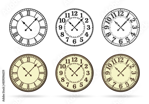 Old clock face set. Vintage watch with retro, roman numeral. Antique clock-face design. Vector illustration.