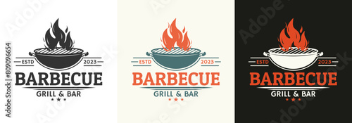 Barbecue logo or icon. Grill, BBQ design with fire flame. Meat restaurant symbol. Vector illustration.