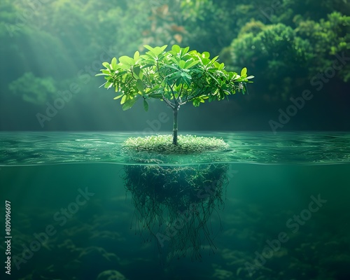 Mangrove Tree Floating on Tranquil Underwater Forest Landscape Conceptual Reforestation Project for Coastal Protection and Marine Life photo