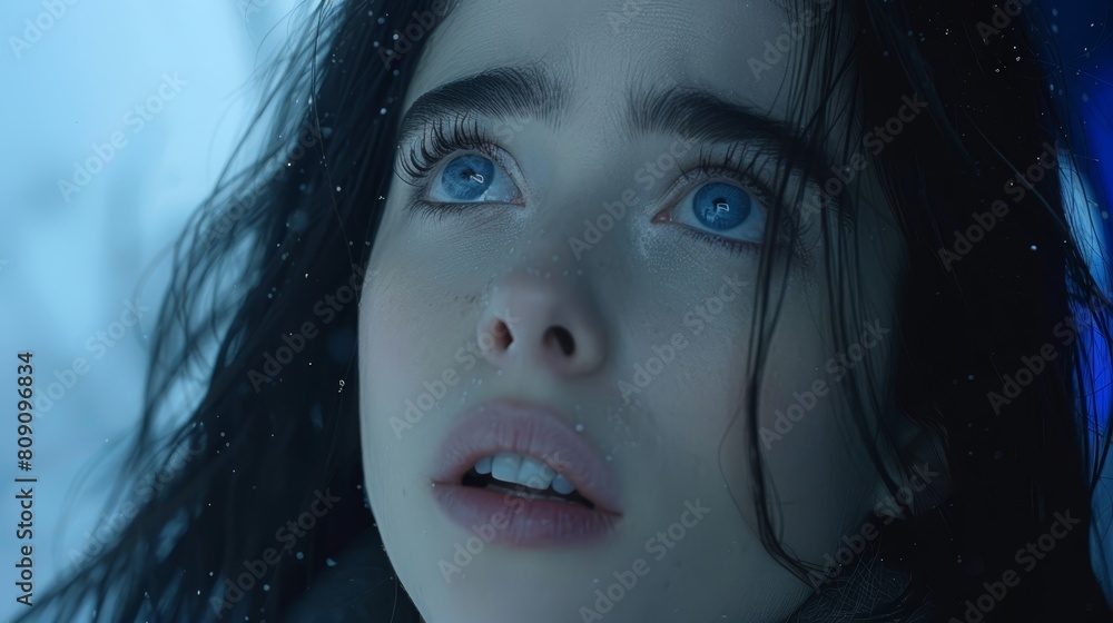 A woman's face, tightly framed, as snowflakes gently descend, hair billows in the winds' embrace A woman's face, tightly framed, as snowflakes gently descend, hair billows in the winds' embrace