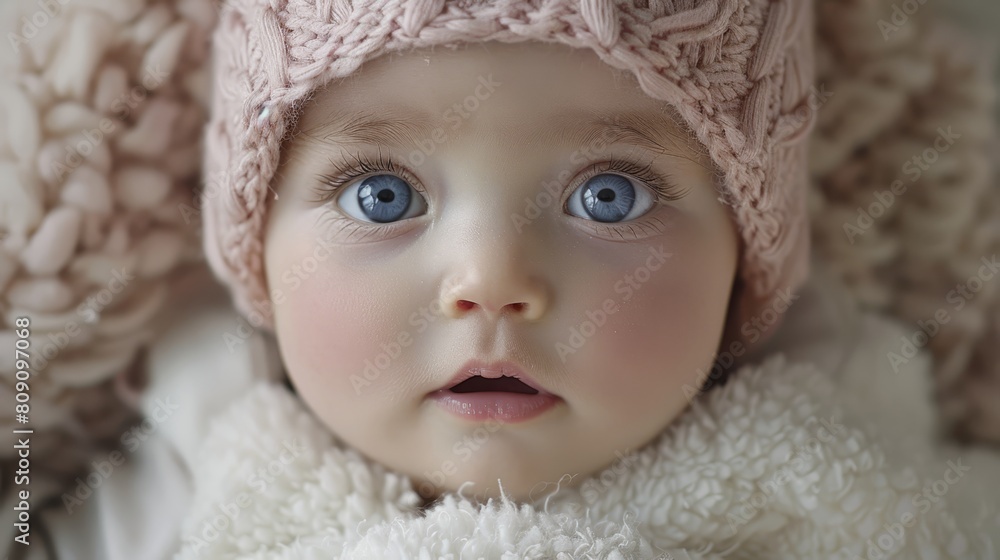 A tight shot of an infant with blue eyes, clad in a pink knitted hat embellished with a bow A tight shot of an infant with blue eyes, clad in a pink knitted hat embellished with a bow