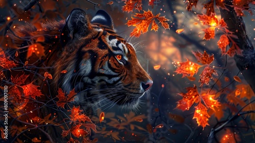   A tiger painting in a tree amidst orange leaves  distinct branches against hazy background