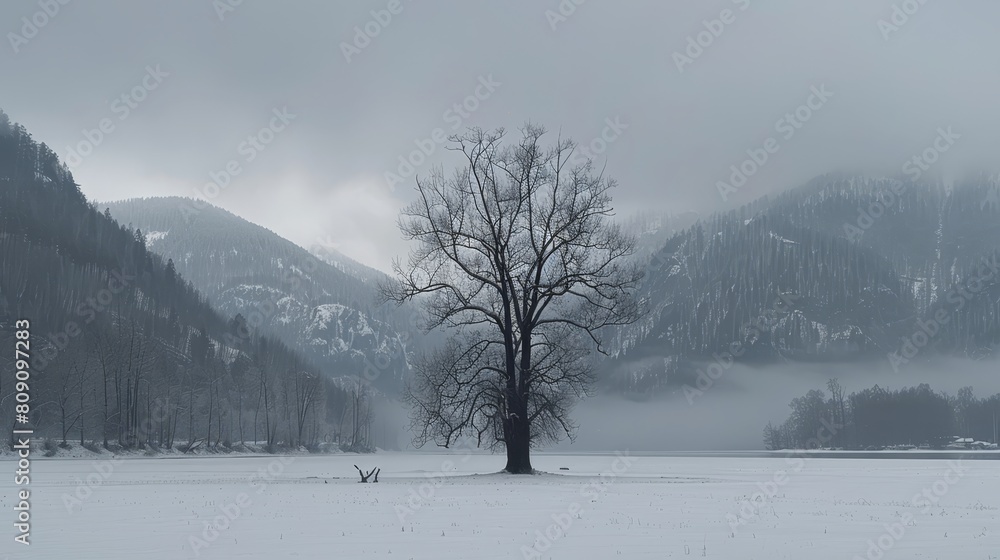 A solitary tree stands in the midst of a snow-covered field, facing a mountain shrouded in fog A solitary tree stands in the midst of a snow-covered field, facing a mountain shrouded in fog