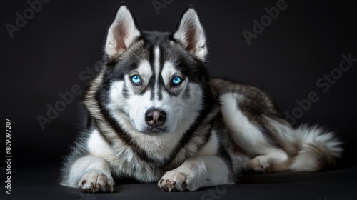  A tight shot of a dog with blue eyes against a solid black backdrop