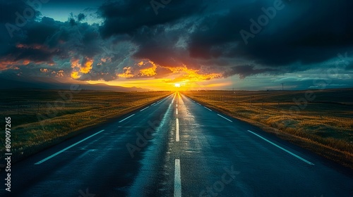 A long road with the sun setting behind it.