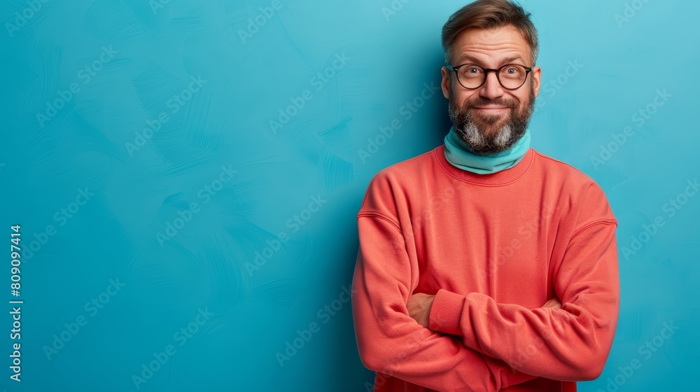 A bearded, spectacled man stands with crossed arms, conveying seriousness as he gazes into the camera A bearded, spectacled man stands with crossed arms, conveying seriousness as he gazes into the camera