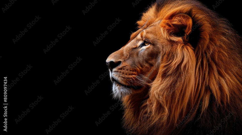 A tight shot of a lion's head against a black backdrop, illuminated by light on its face A tight shot of a lion's head against a black backdrop, illuminated by light on its face