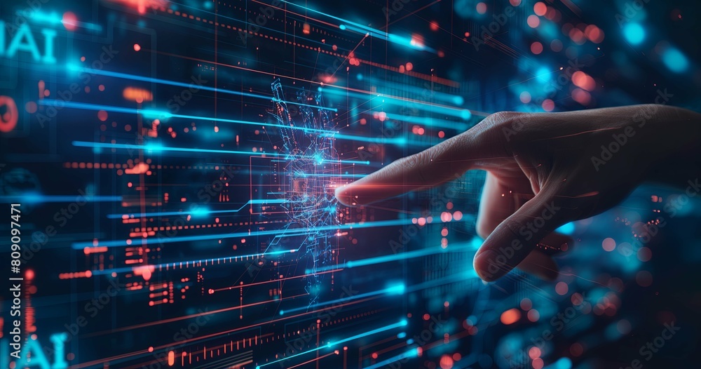 A human hand and AI display dark blue background, artificial intelligence concept. AI is displayed in the middle of the hands. Futuristic banner design for a business focused on AI technology A human hand and AI display dark blue background, artificial intelligence concept. AI is displayed in the middle of the hands. Futuristic banner design for a business focused on AI technology