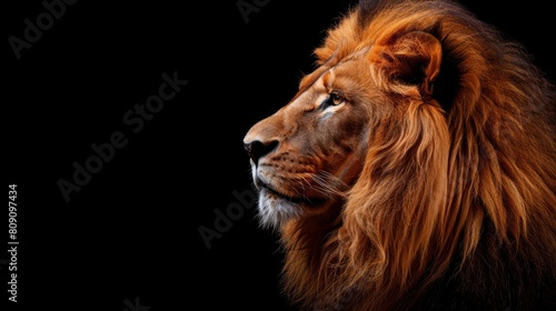   A tight shot of a lion s head against a black backdrop  illuminated by light on its face